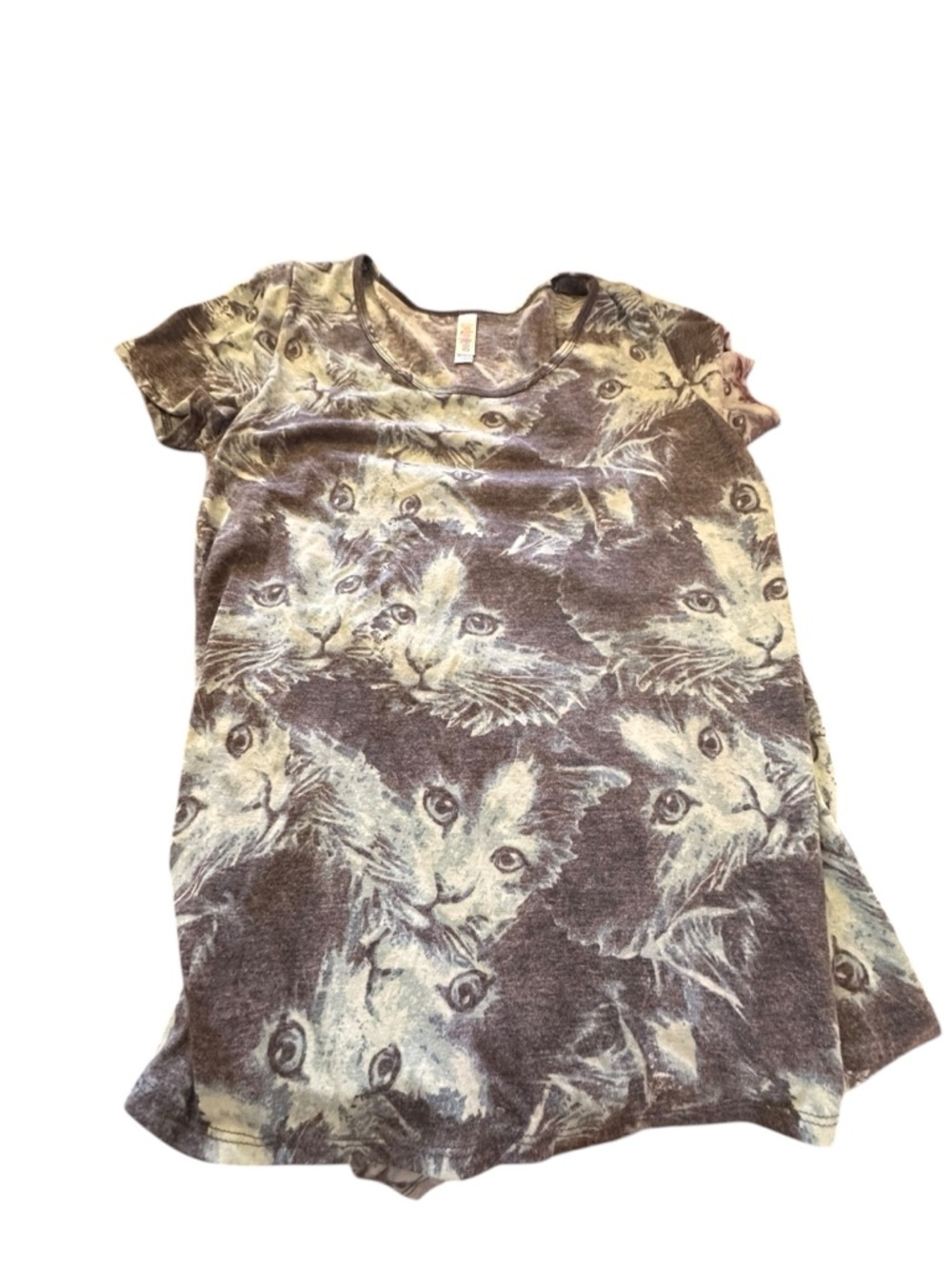 LuLaRoe Short Sleeve Tee Dress in Brown and Cream Cat Print